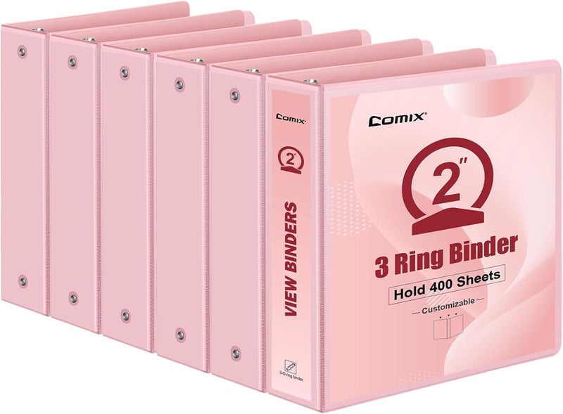 COMIX Standard 3 Ring Binder 2 inch with Clear View Cover, 2" Round Ring View Binder Holds 400 Sheets of US Letter Size Paper, 6 Pack (Pink) - Image 1